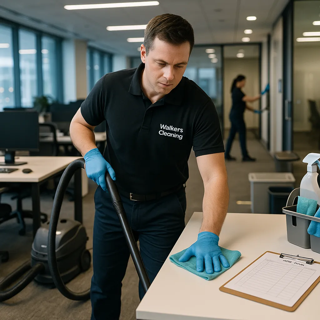 Walkers Cleaning professional wiping office desk with cloth in Sydney workplace wearing branded uniform